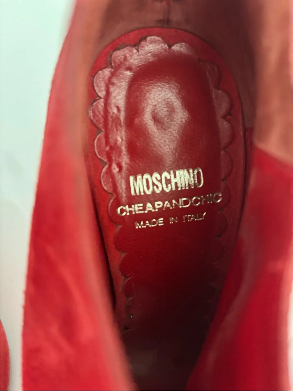 Moschino Red Suede Peep-Toe High-Heel Booties with Bow